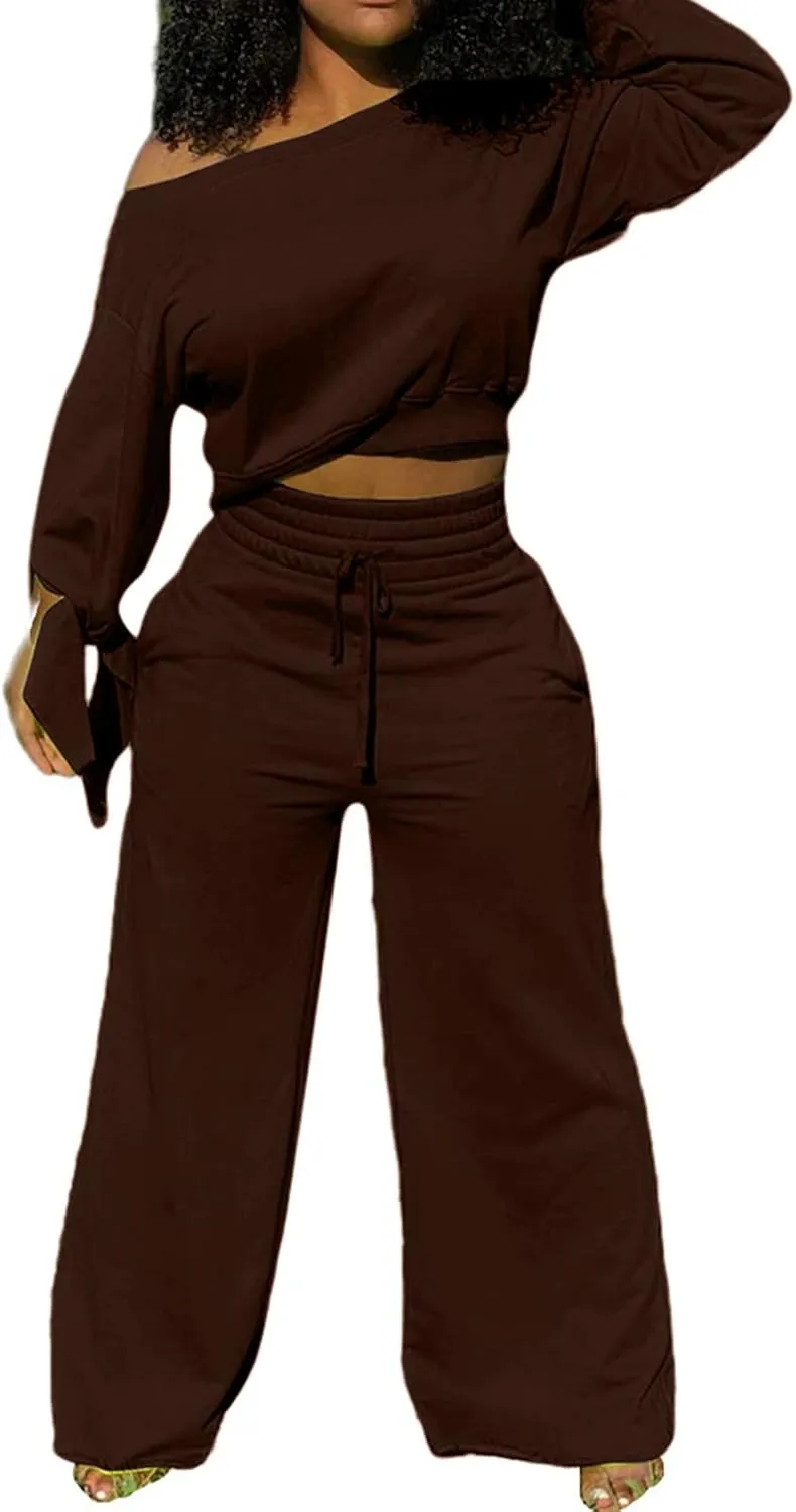 sexycherry Casual 2 Piece Outfits for Women Sexy Long Sleeve Sweatsuit Jogging Long Pants Sets Tracksuit with Pockets