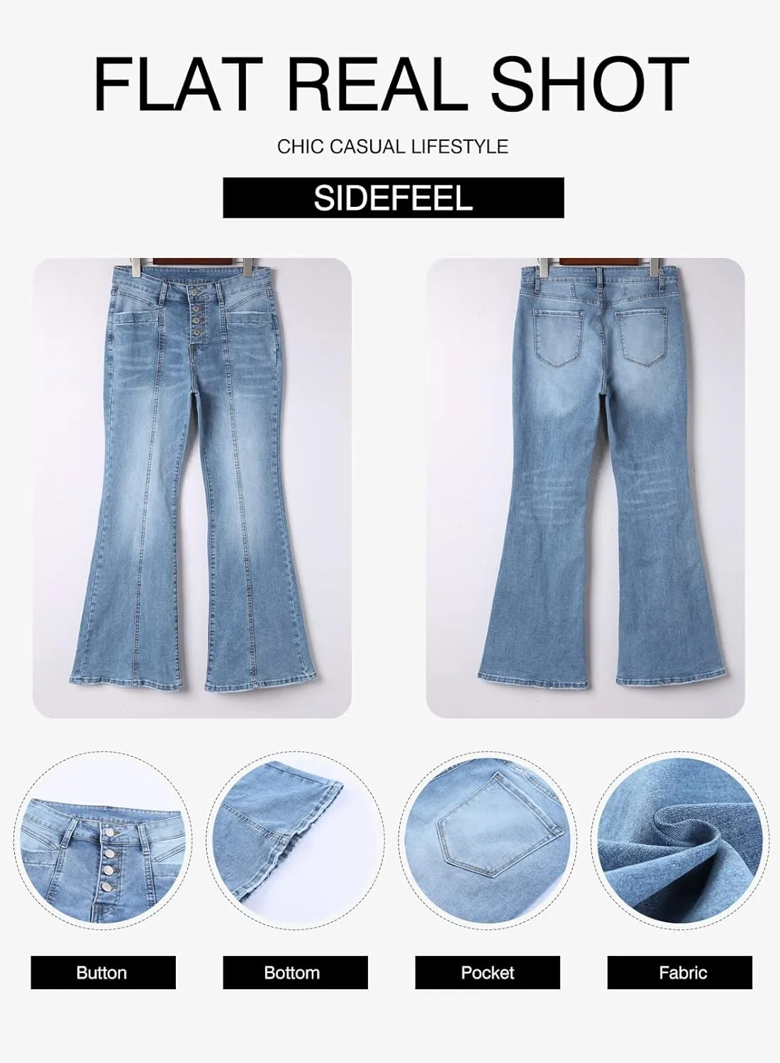 Sidefeel Women's High Waisted Jeans Wide Leg Button Fly Bell Bottoms Flared Zimbaplatinum Denim Pants