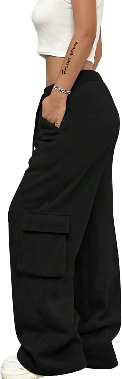 SOFIA'S CHOICE Women's Drawstring Cargo Sweatpants High Waist Wide Leg Fleece Lined Pants with Pockets