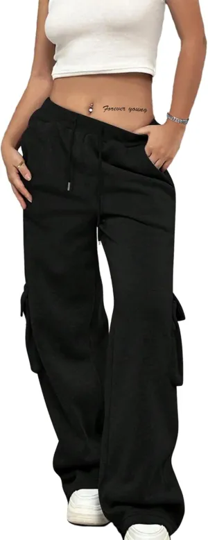 SOFIA'S CHOICE Women's Drawstring Cargo Sweatpants High Waist Wide Leg Fleece Lined Pants with Pockets