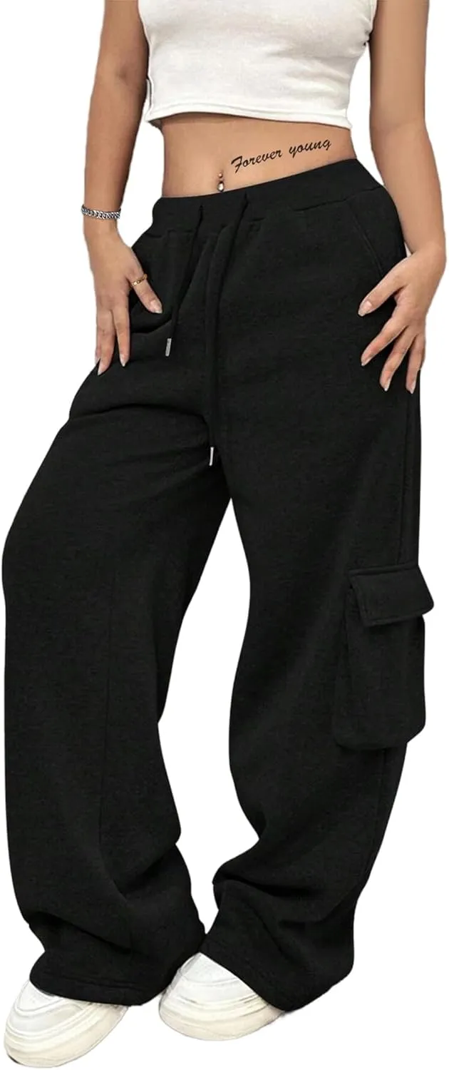 SOFIA'S CHOICE Women's Drawstring Cargo Sweatpants High Waist Wide Leg Fleece Lined Pants with Pockets