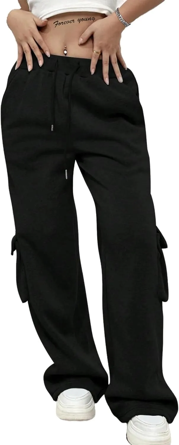 SOFIA'S CHOICE Women's Drawstring Cargo Sweatpants High Waist Wide Leg Fleece Lined Pants with Pockets