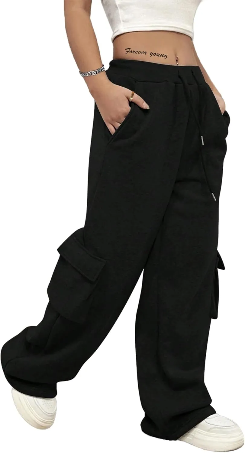 SOFIA'S CHOICE Women's Drawstring Cargo Sweatpants High Waist Wide Leg Fleece Lined Pants with Pockets
