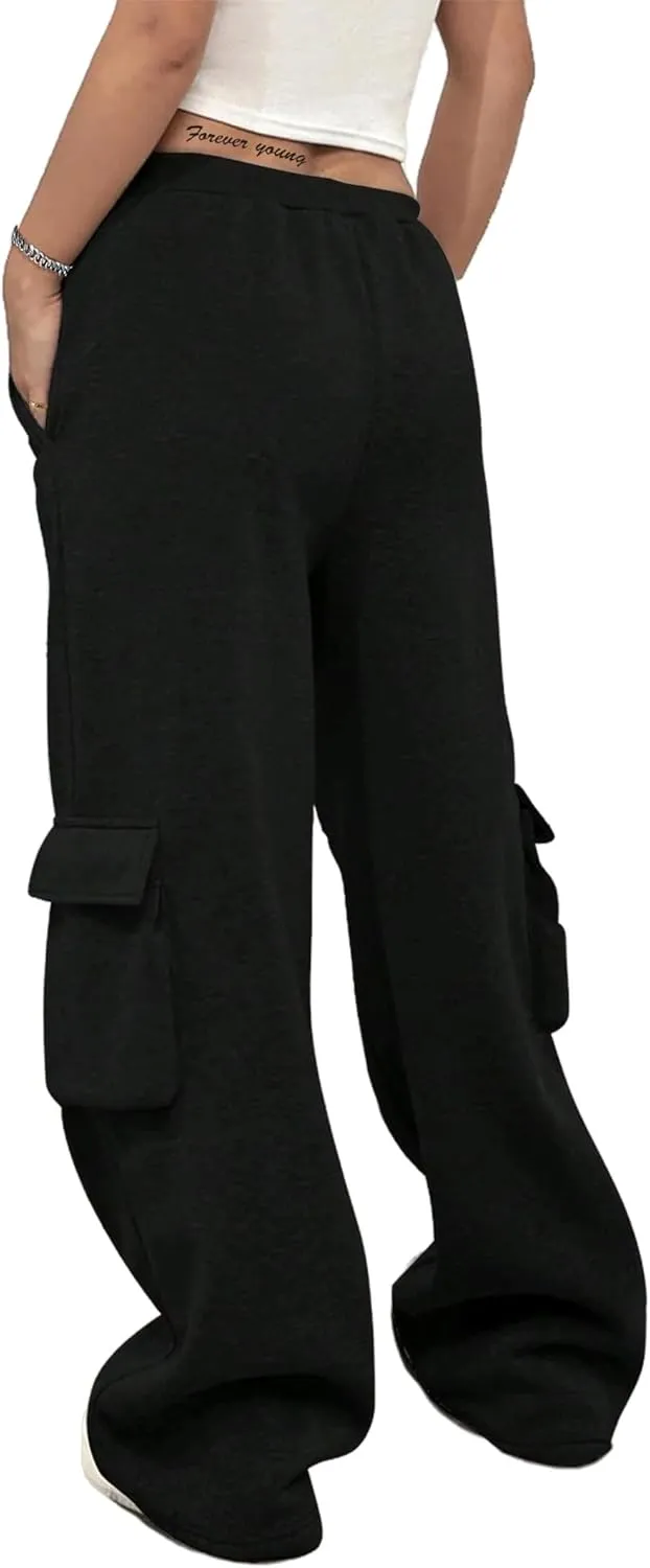 SOFIA'S CHOICE Women's Drawstring Cargo Sweatpants High Waist Wide Leg Fleece Lined Pants with Pockets