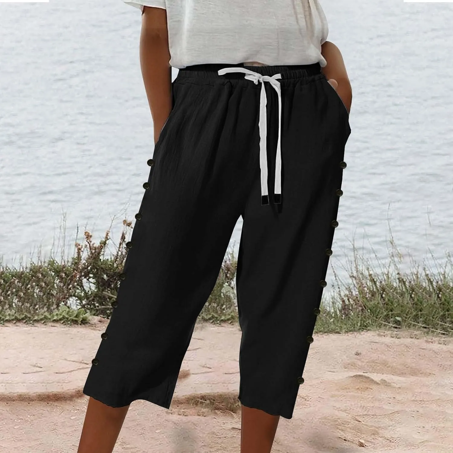 Striped Linen Capri Pants for Women 2025 Spring Summer Lightweight High Waist Drawstring Pants Comfy Cropped Trousers