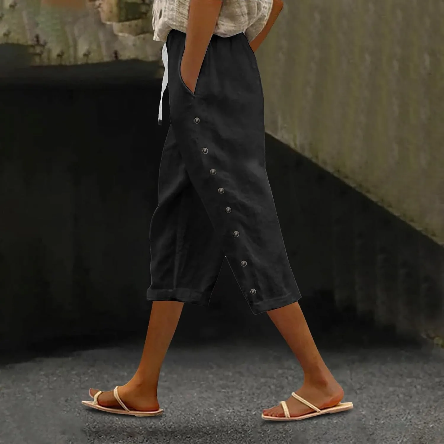 Striped Linen Capri Pants for Women 2025 Spring Summer Lightweight High Waist Drawstring Pants Comfy Cropped Trousers