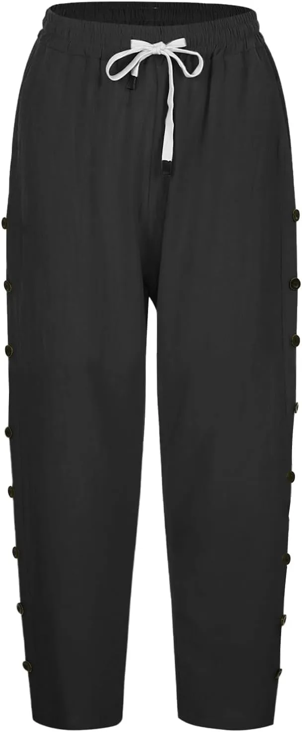 Striped Linen Capri Pants for Women 2025 Spring Summer Lightweight High Waist Drawstring Pants Comfy Cropped Trousers