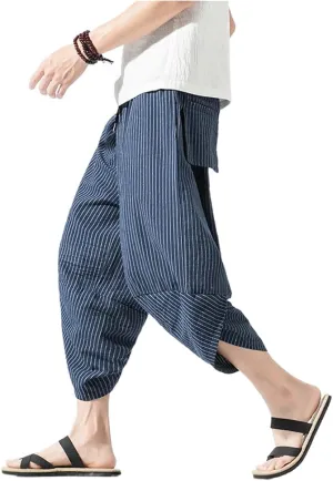 Summer Length Casual Men's Pants Wide Leg Cotton Linen Harem Baggy Clothing