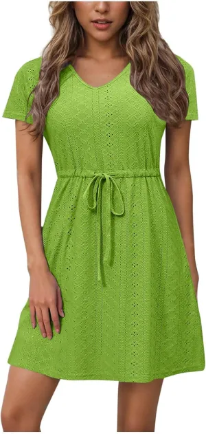 Sun Dresses for Women 2025 Vacation Casual Summer Short Sleeve Dress V-Neck Tie Waist Eyelet Beach Sundresses