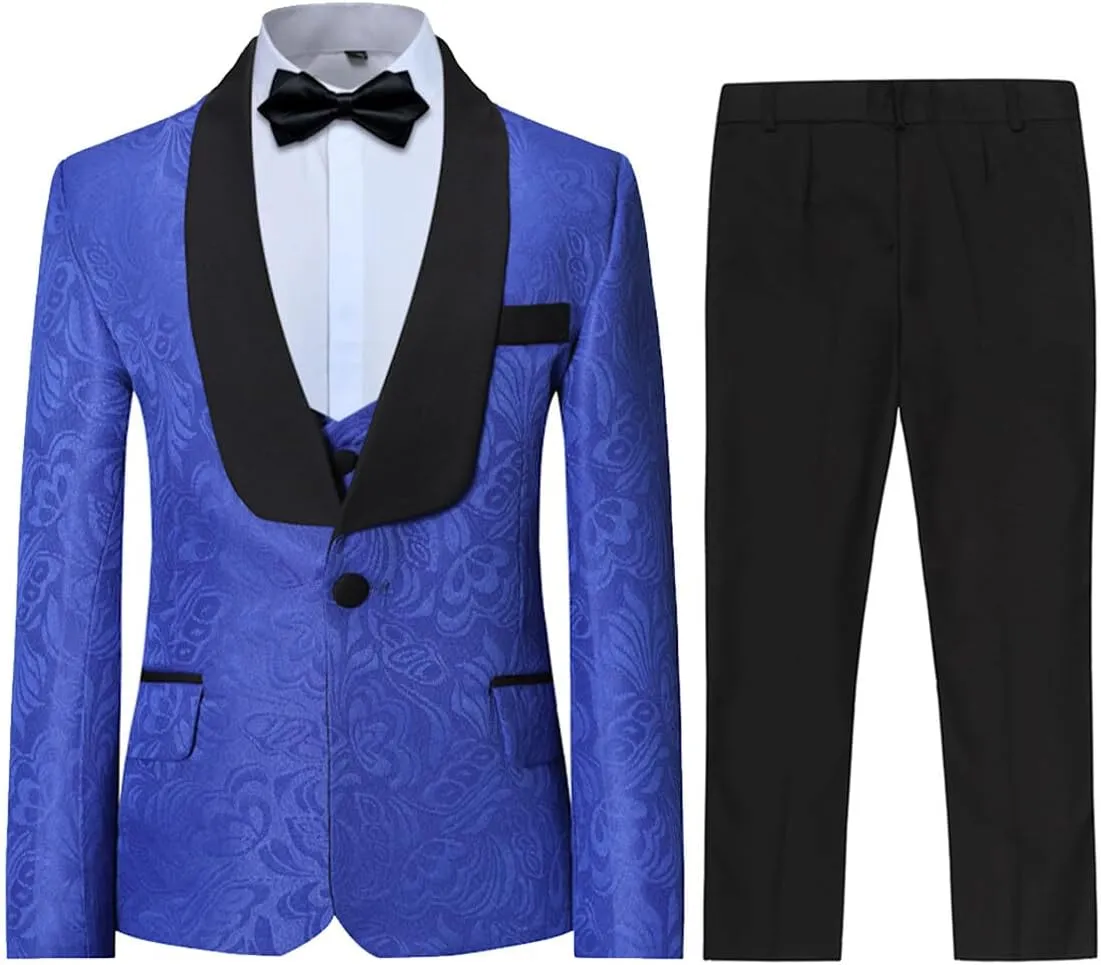 SWOTGdoby Boys 3 Pieces Suit Slim Fit Jacquard Tuxedo Formal Shawl Collar Jacket Vest Pants Ring Bearer Outfit Wedding Prom