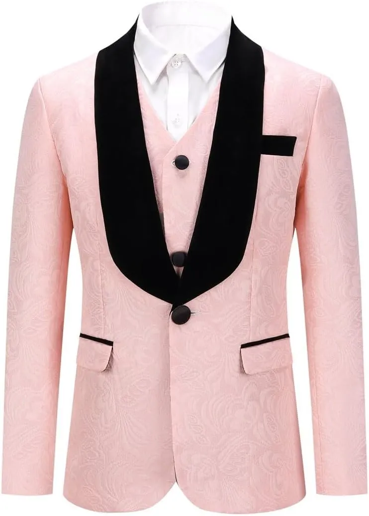 SWOTGdoby Boys 3 Pieces Suit Slim Fit Jacquard Tuxedo Formal Shawl Collar Jacket Vest Pants Ring Bearer Outfit Wedding Prom