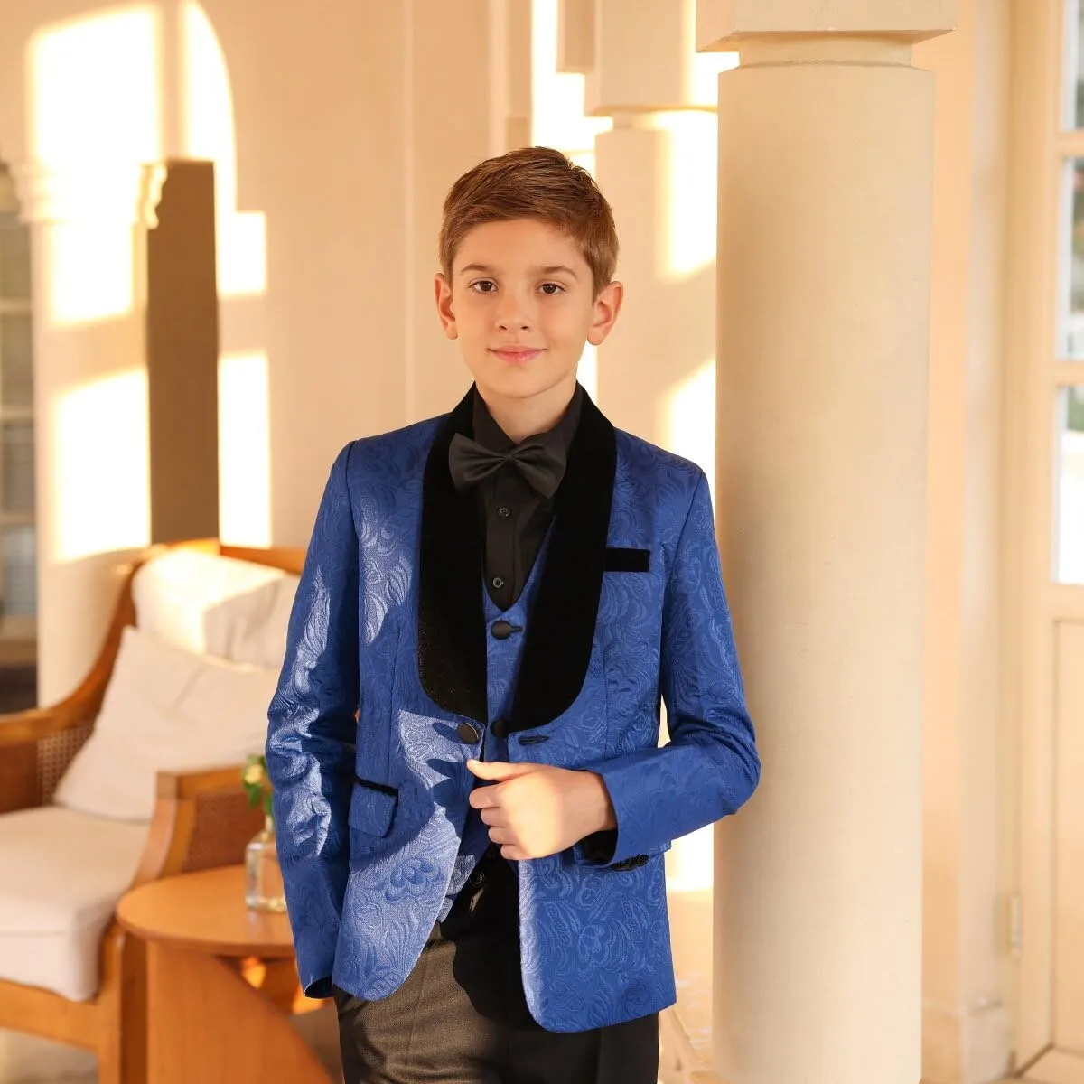 SWOTGdoby Boys 3 Pieces Suit Slim Fit Jacquard Tuxedo Formal Shawl Collar Jacket Vest Pants Ring Bearer Outfit Wedding Prom