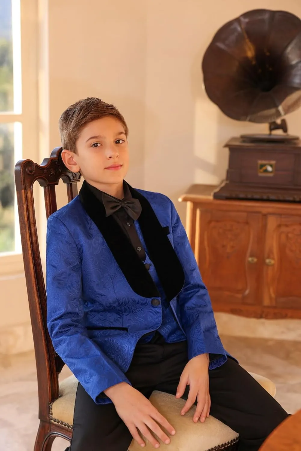 SWOTGdoby Boys 3 Pieces Suit Slim Fit Jacquard Tuxedo Formal Shawl Collar Jacket Vest Pants Ring Bearer Outfit Wedding Prom