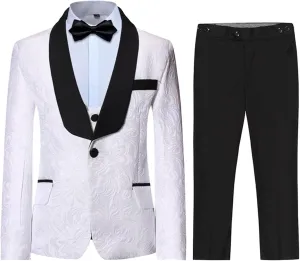 SWOTGdoby Boys 3 Pieces Suit Slim Fit Jacquard Tuxedo Formal Shawl Collar Jacket Vest Pants Ring Bearer Outfit Wedding Prom
