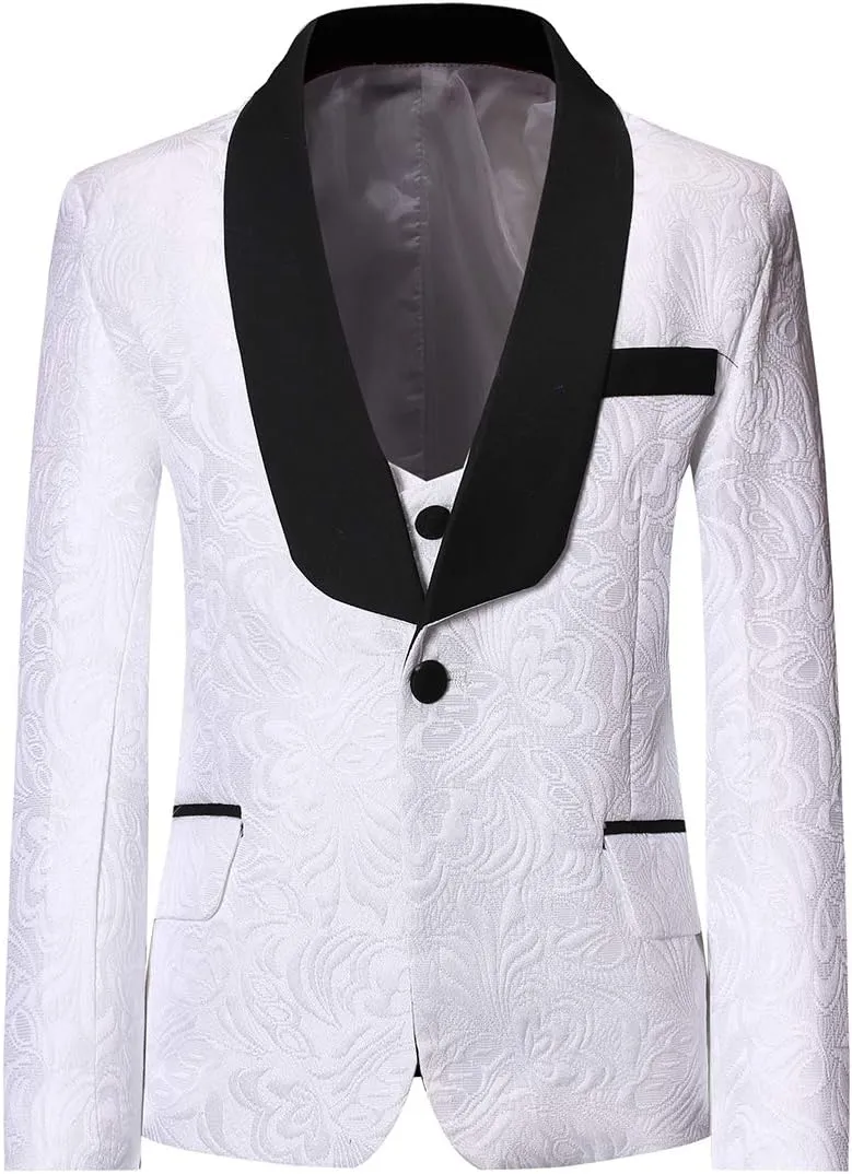 SWOTGdoby Boys 3 Pieces Suit Slim Fit Jacquard Tuxedo Formal Shawl Collar Jacket Vest Pants Ring Bearer Outfit Wedding Prom