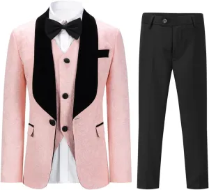 SWOTGdoby Boys 3 Pieces Suit Slim Fit Jacquard Tuxedo Formal Shawl Collar Jacket Vest Pants Ring Bearer Outfit Wedding Prom