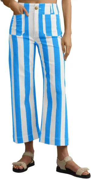 Tankaneo Womens Cropped Striped Jeans Casual High Waisted Stretchy Straight Leg Denim Pants with Pockets