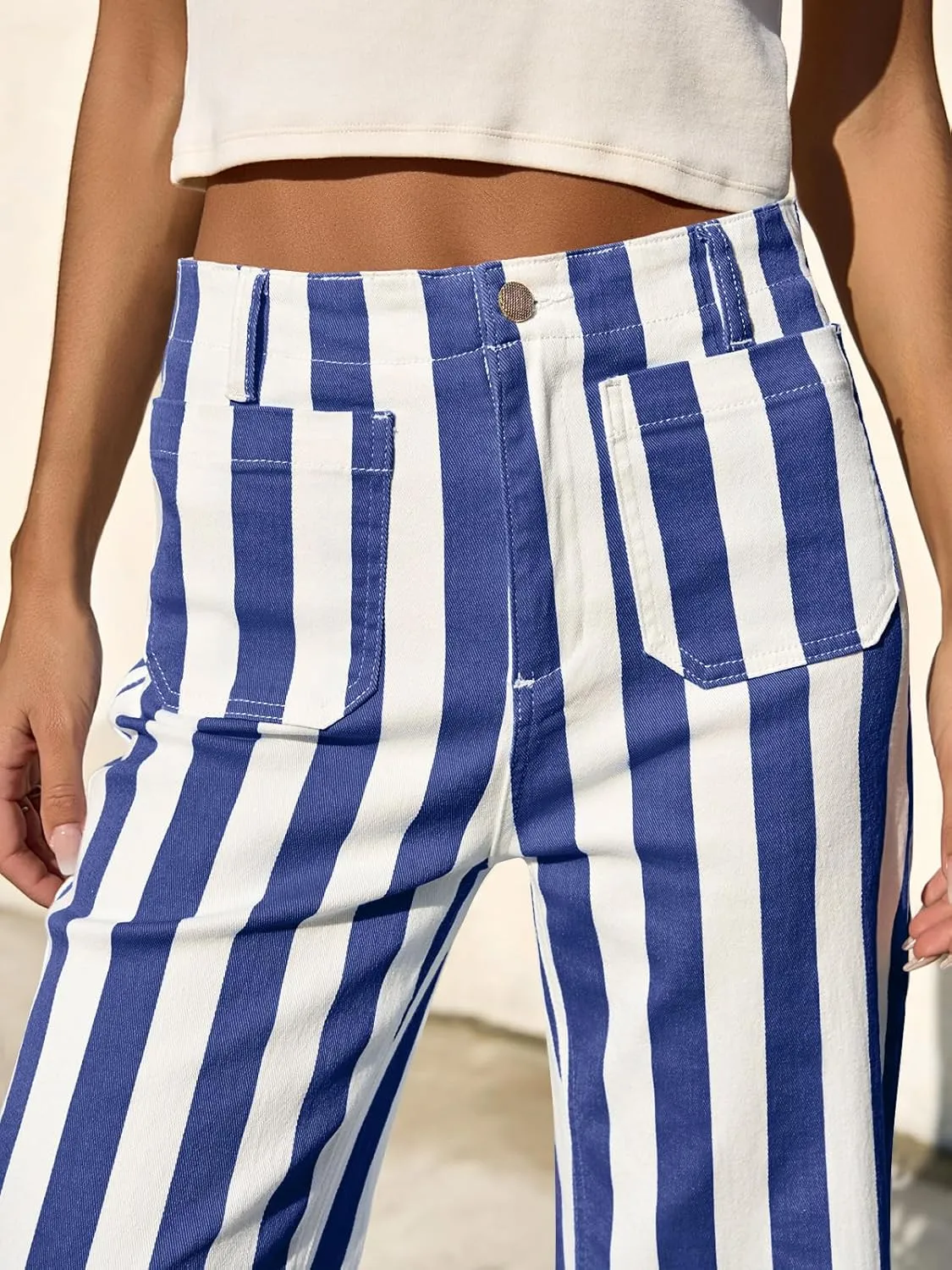 Tankaneo Womens Cropped Striped Jeans Casual High Waisted Stretchy Straight Leg Denim Pants with Pockets