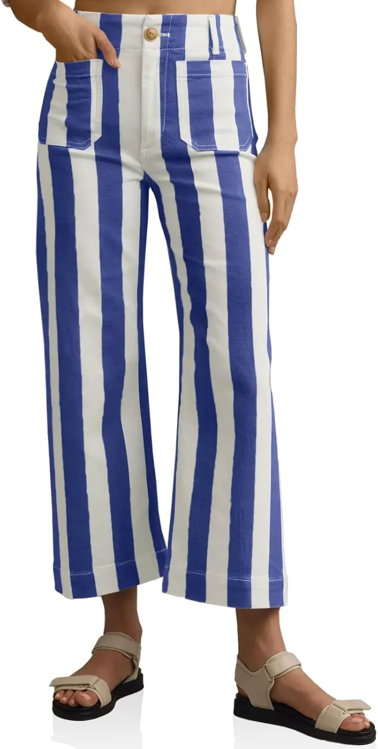 Tankaneo Womens Cropped Striped Jeans Casual High Waisted Stretchy Straight Leg Denim Pants with Pockets