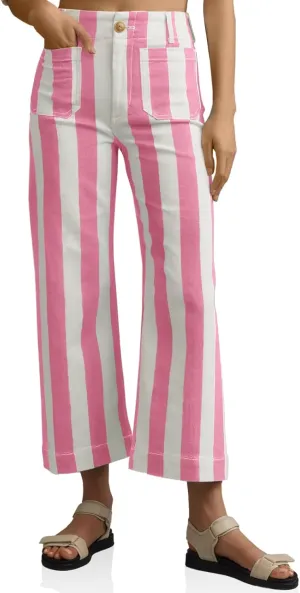 Tankaneo Womens Cropped Striped Jeans Casual High Waisted Stretchy Straight Leg Denim Pants with Pockets