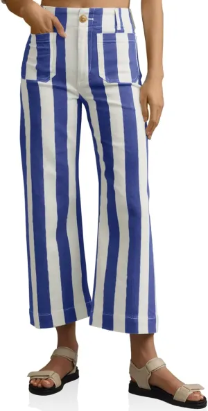 Tankaneo Womens Cropped Striped Jeans Casual High Waisted Stretchy Straight Leg Denim Pants with Pockets