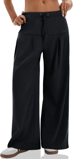 Tankaneo Womens Pleated Wide Leg Sweatpants Baggy Drawstring High Waisted Pants Casual Comfy Palazzo Lounge Pants