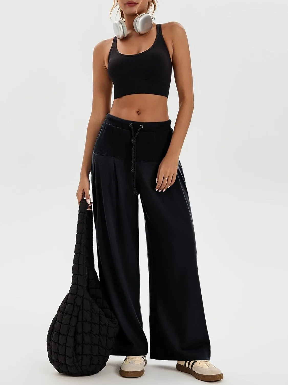 Tankaneo Womens Pleated Wide Leg Sweatpants Baggy Drawstring High Waisted Pants Casual Comfy Palazzo Lounge Pants