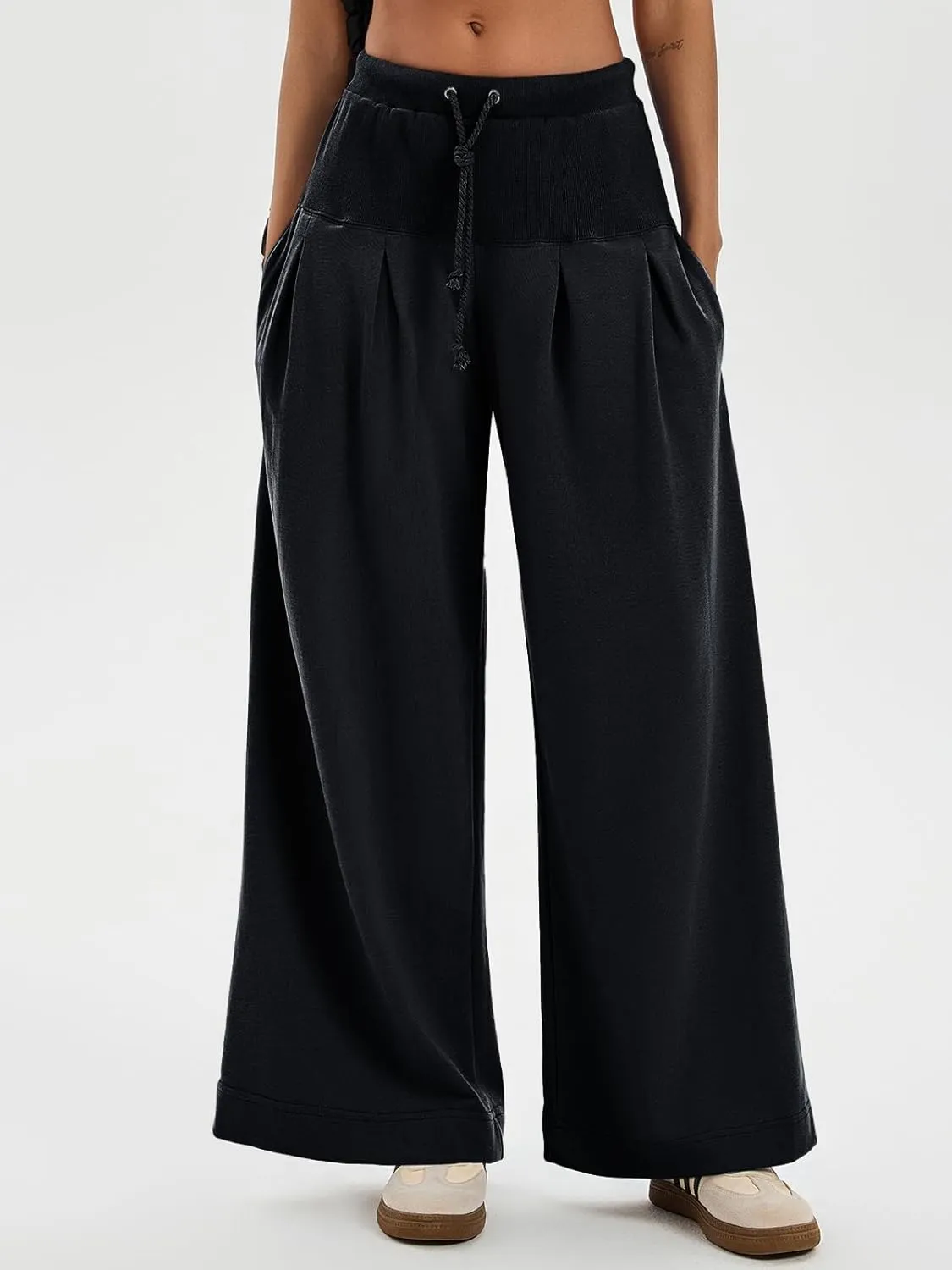 Tankaneo Womens Pleated Wide Leg Sweatpants Baggy Drawstring High Waisted Pants Casual Comfy Palazzo Lounge Pants