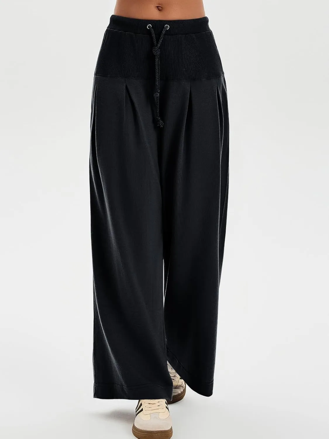 Tankaneo Womens Pleated Wide Leg Sweatpants Baggy Drawstring High Waisted Pants Casual Comfy Palazzo Lounge Pants