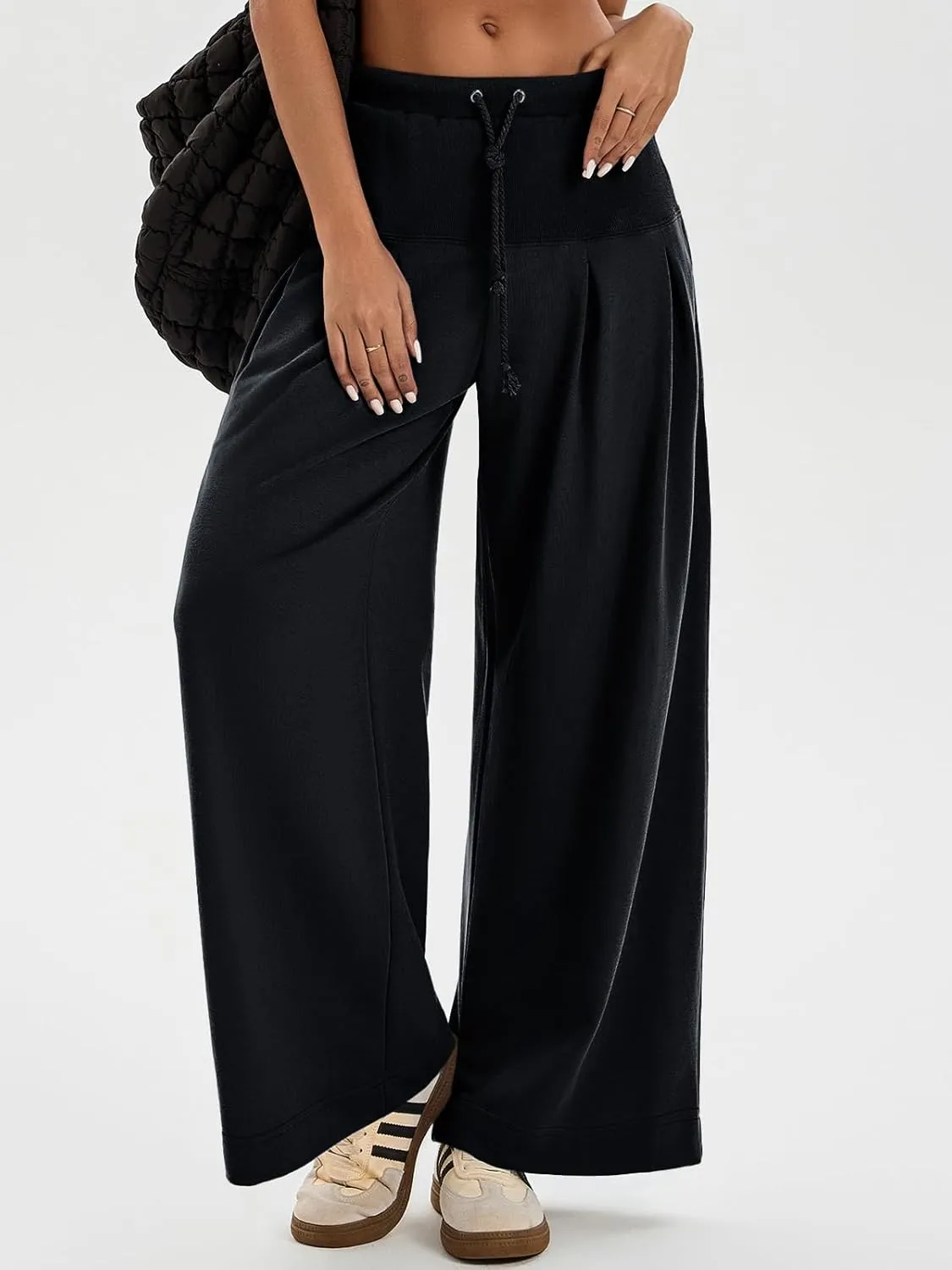 Tankaneo Womens Pleated Wide Leg Sweatpants Baggy Drawstring High Waisted Pants Casual Comfy Palazzo Lounge Pants