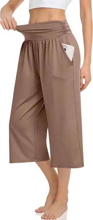 TARSE Womens Capris Lounge Yoga Pajama Cropped Pants Casual Wide Leg with Pockets Elastic Waist Workout Sweat Pants Summer