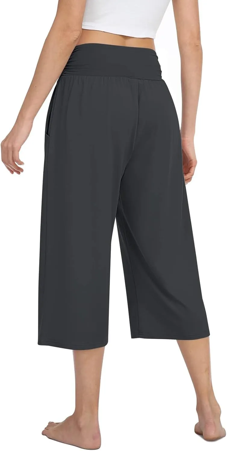 TARSE Womens Capris Lounge Yoga Pajama Cropped Pants Casual Wide Leg with Pockets Elastic Waist Workout Sweat Pants Summer