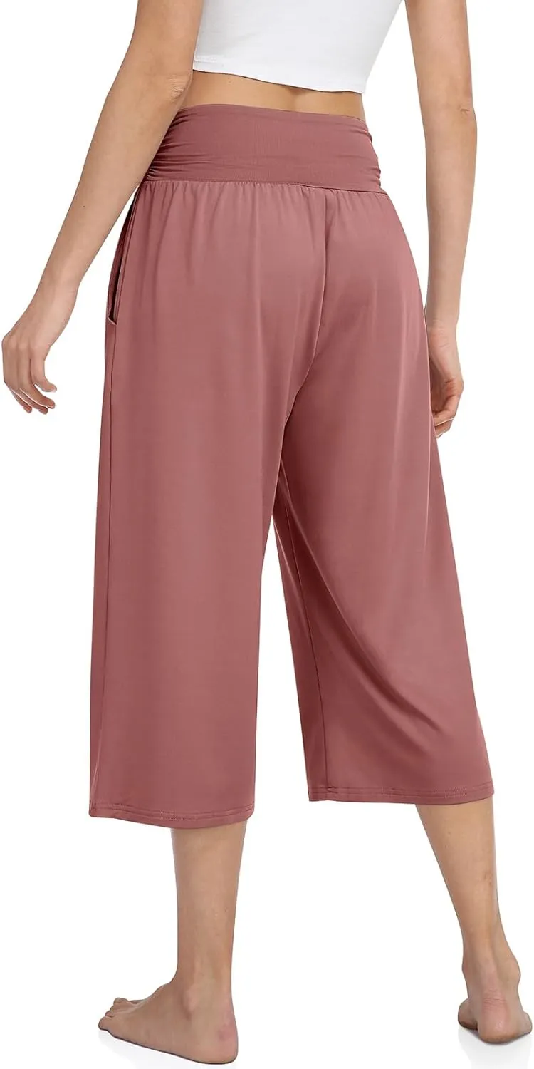 TARSE Womens Capris Lounge Yoga Pajama Cropped Pants Casual Wide Leg with Pockets Elastic Waist Workout Sweat Pants Summer