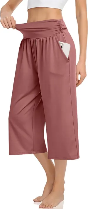 TARSE Womens Capris Lounge Yoga Pajama Cropped Pants Casual Wide Leg with Pockets Elastic Waist Workout Sweat Pants Summer