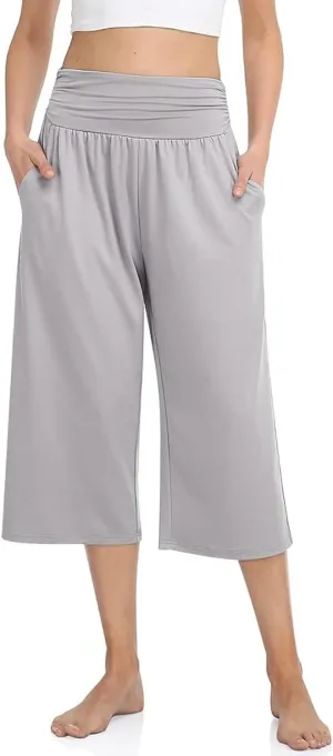 TARSE Womens Capris Lounge Yoga Pajama Cropped Pants Casual Wide Leg with Pockets Elastic Waist Workout Sweat Pants Summer