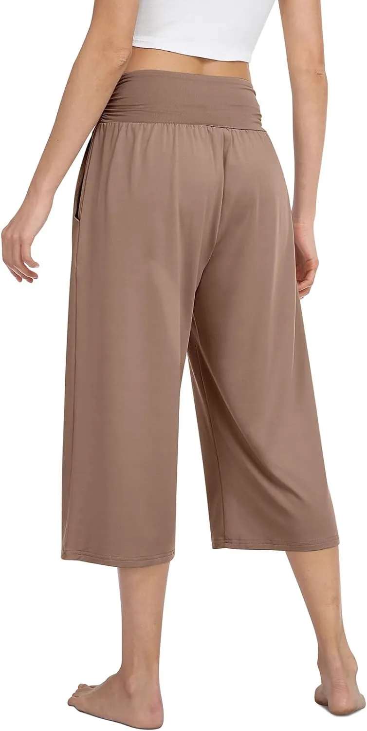 TARSE Womens Capris Lounge Yoga Pajama Cropped Pants Casual Wide Leg with Pockets Elastic Waist Workout Sweat Pants Summer