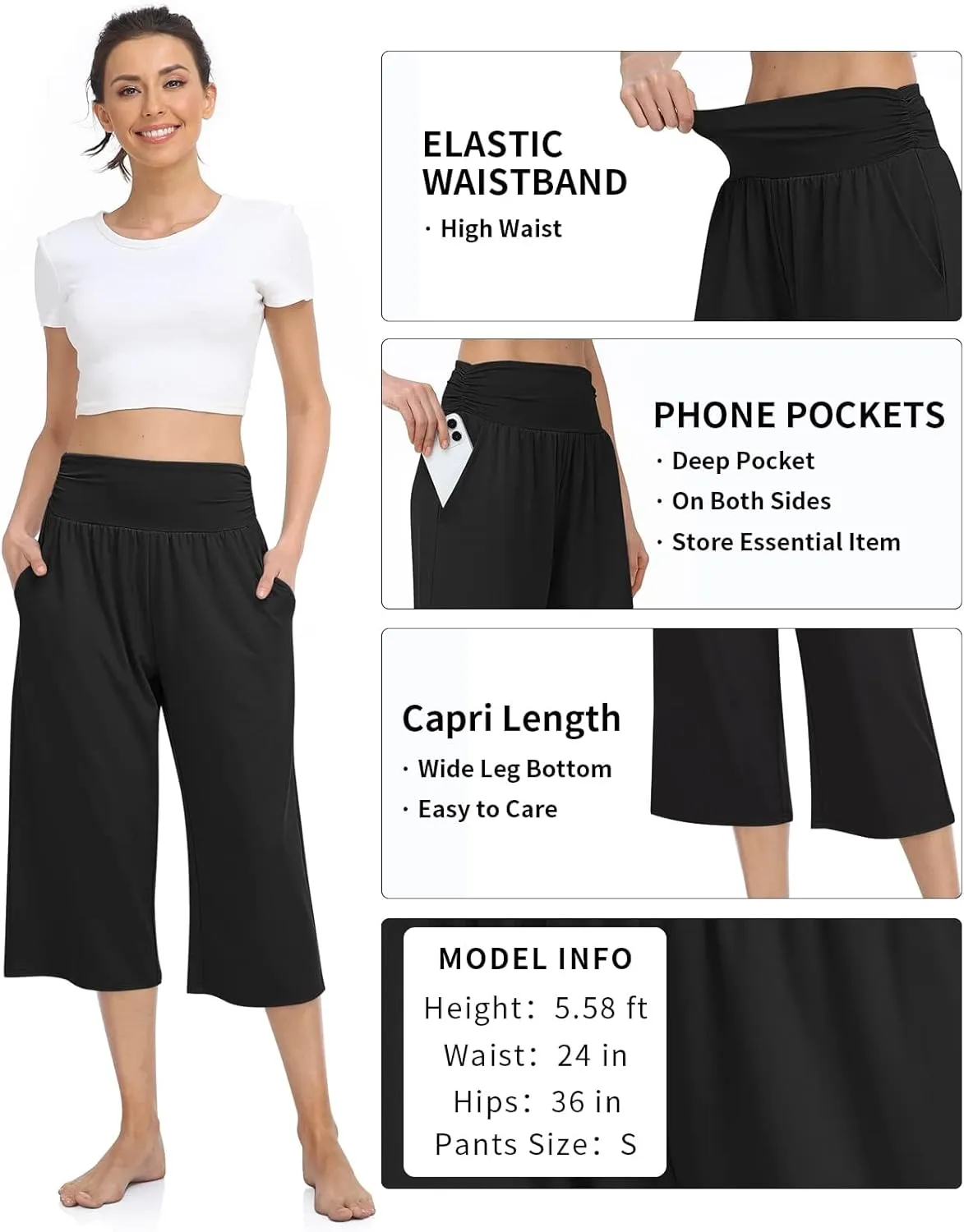 TARSE Womens Capris Lounge Yoga Pajama Cropped Pants Casual Wide Leg with Pockets Elastic Waist Workout Sweat Pants Summer