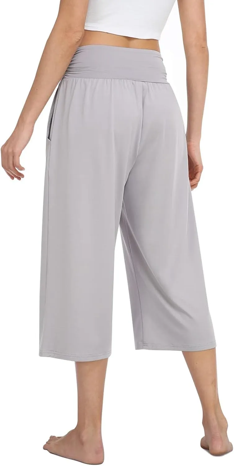TARSE Womens Capris Lounge Yoga Pajama Cropped Pants Casual Wide Leg with Pockets Elastic Waist Workout Sweat Pants Summer