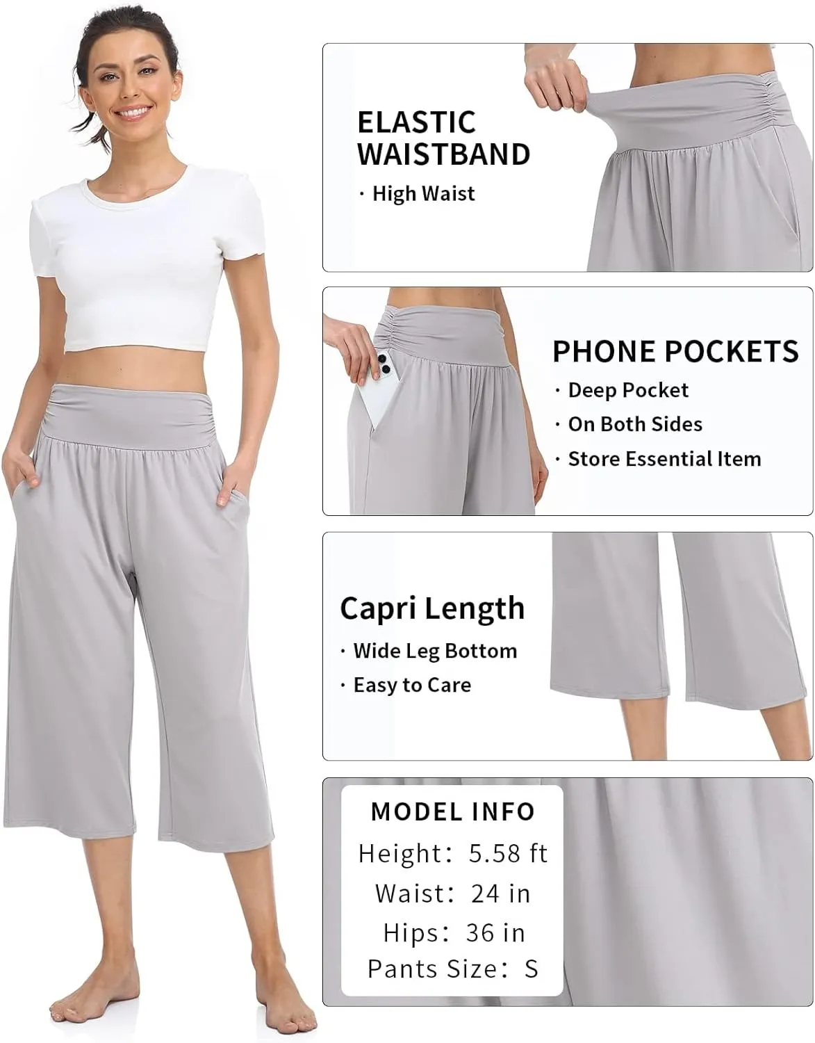 TARSE Womens Capris Lounge Yoga Pajama Cropped Pants Casual Wide Leg with Pockets Elastic Waist Workout Sweat Pants Summer