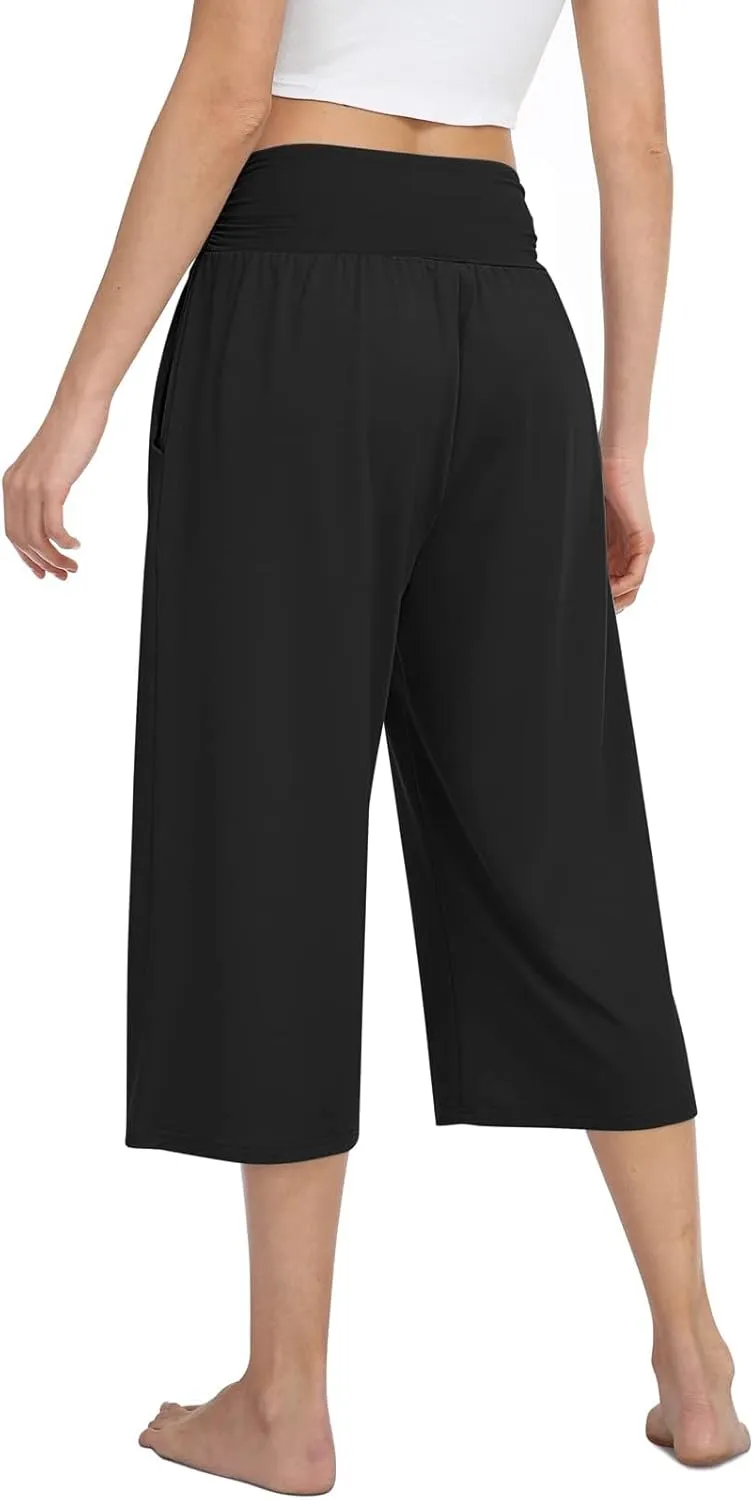 TARSE Womens Capris Lounge Yoga Pajama Cropped Pants Casual Wide Leg with Pockets Elastic Waist Workout Sweat Pants Summer