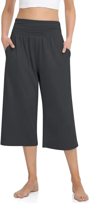TARSE Womens Capris Lounge Yoga Pajama Cropped Pants Casual Wide Leg with Pockets Elastic Waist Workout Sweat Pants Summer