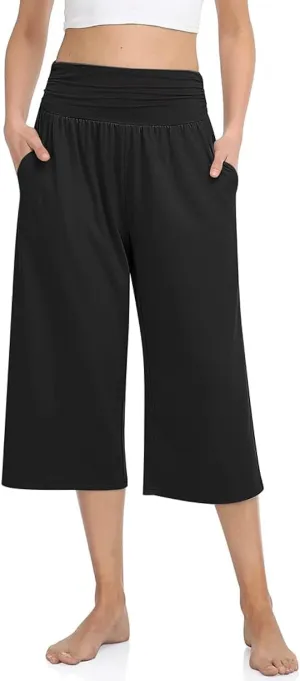 TARSE Womens Capris Lounge Yoga Pajama Cropped Pants Casual Wide Leg with Pockets Elastic Waist Workout Sweat Pants Summer
