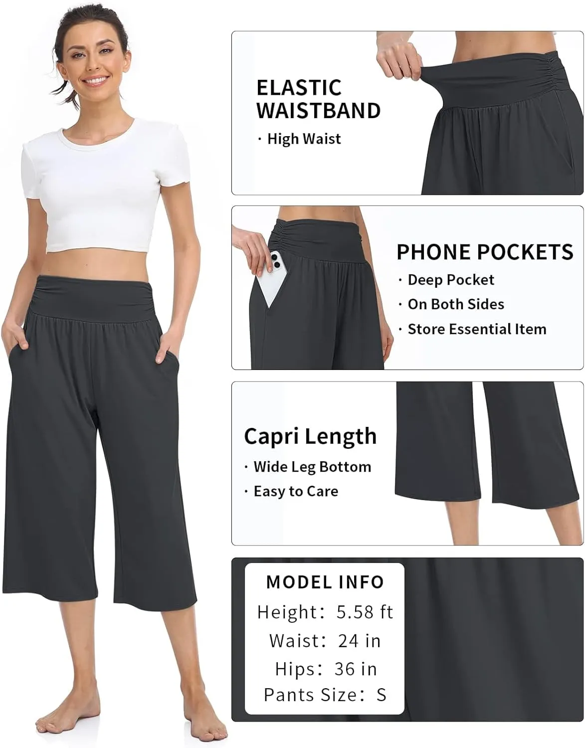 TARSE Womens Capris Lounge Yoga Pajama Cropped Pants Casual Wide Leg with Pockets Elastic Waist Workout Sweat Pants Summer