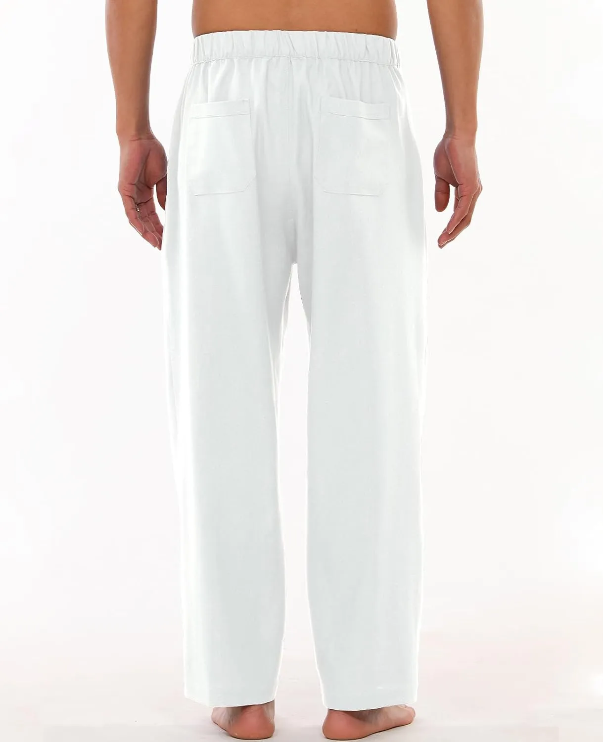 ThCreasa Mens Casual Elastic Waist Drawstring Pants Cotton Linen Baggy Lounge Pants Beach Trousers with Pockets