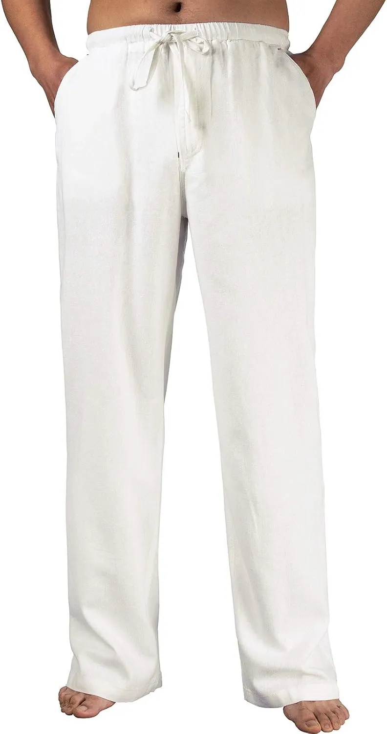 ThCreasa Mens Casual Elastic Waist Drawstring Pants Cotton Linen Baggy Lounge Pants Beach Trousers with Pockets
