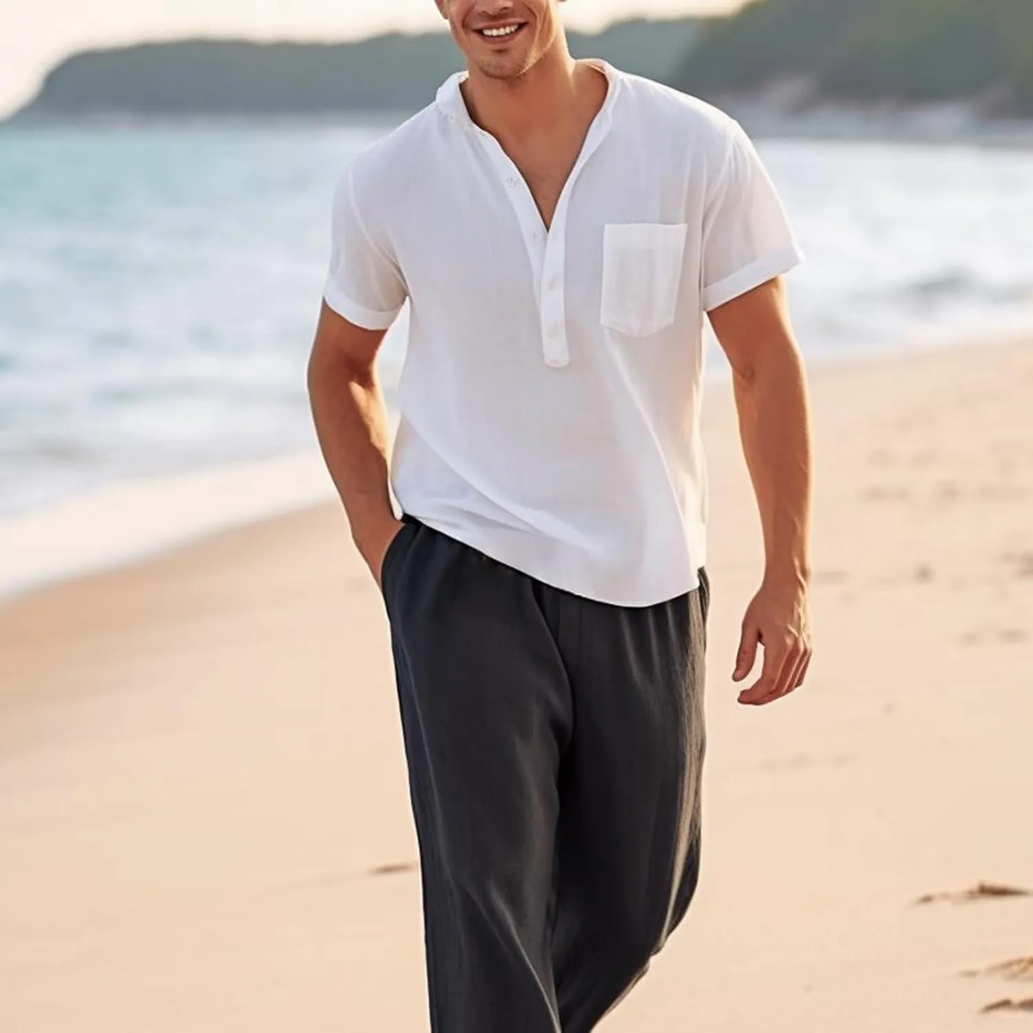 ThCreasa Mens Casual Elastic Waist Drawstring Pants Cotton Linen Baggy Lounge Pants Beach Trousers with Pockets