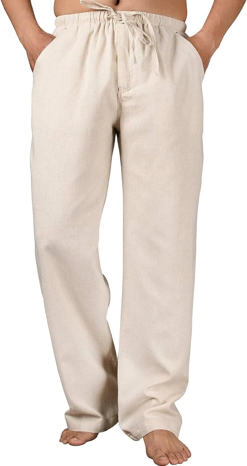 ThCreasa Mens Casual Elastic Waist Drawstring Pants Cotton Linen Baggy Lounge Pants Beach Trousers with Pockets