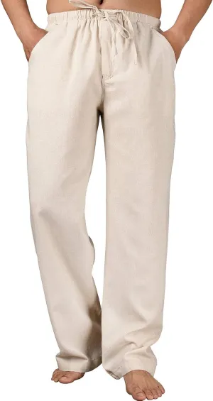 ThCreasa Mens Casual Elastic Waist Drawstring Pants Cotton Linen Baggy Lounge Pants Beach Trousers with Pockets