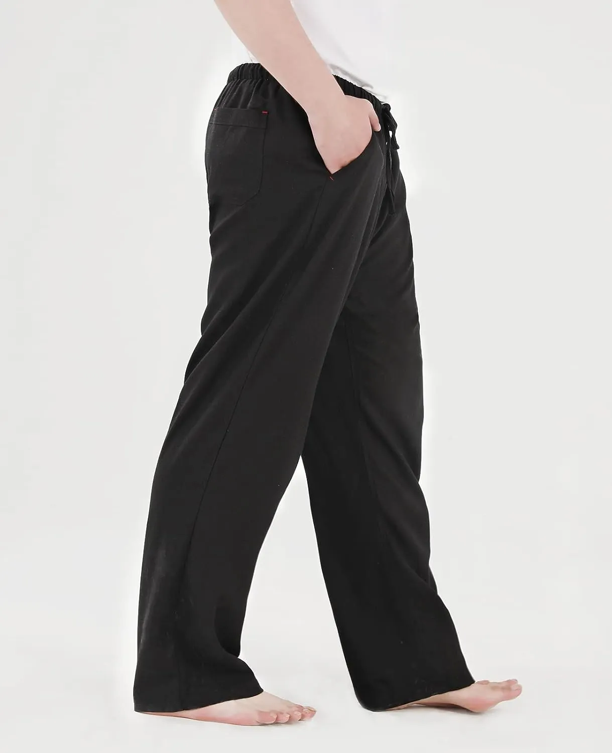 ThCreasa Mens Casual Elastic Waist Drawstring Pants Cotton Linen Baggy Lounge Pants Beach Trousers with Pockets