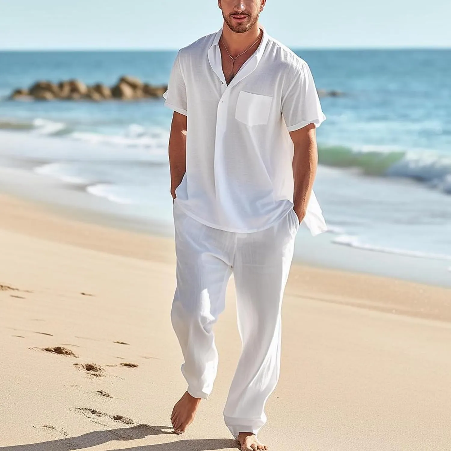 ThCreasa Mens Casual Elastic Waist Drawstring Pants Cotton Linen Baggy Lounge Pants Beach Trousers with Pockets